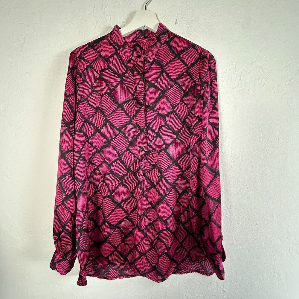 Anne Klein Womens Banded Collar Long Sleeve Popover Tunic Top Large Pink/Black